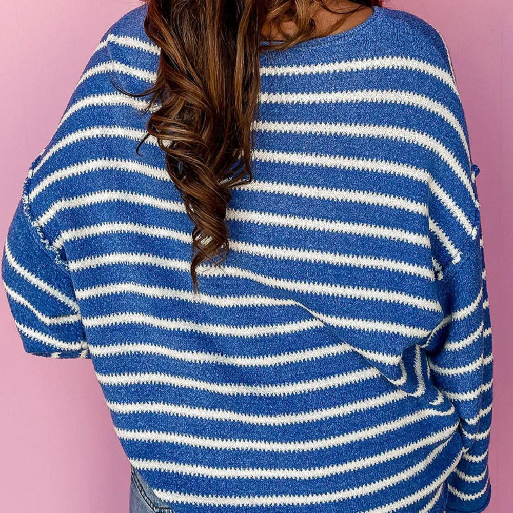 Plus Size Striped Round Neck Dropped Shoulder Sweater