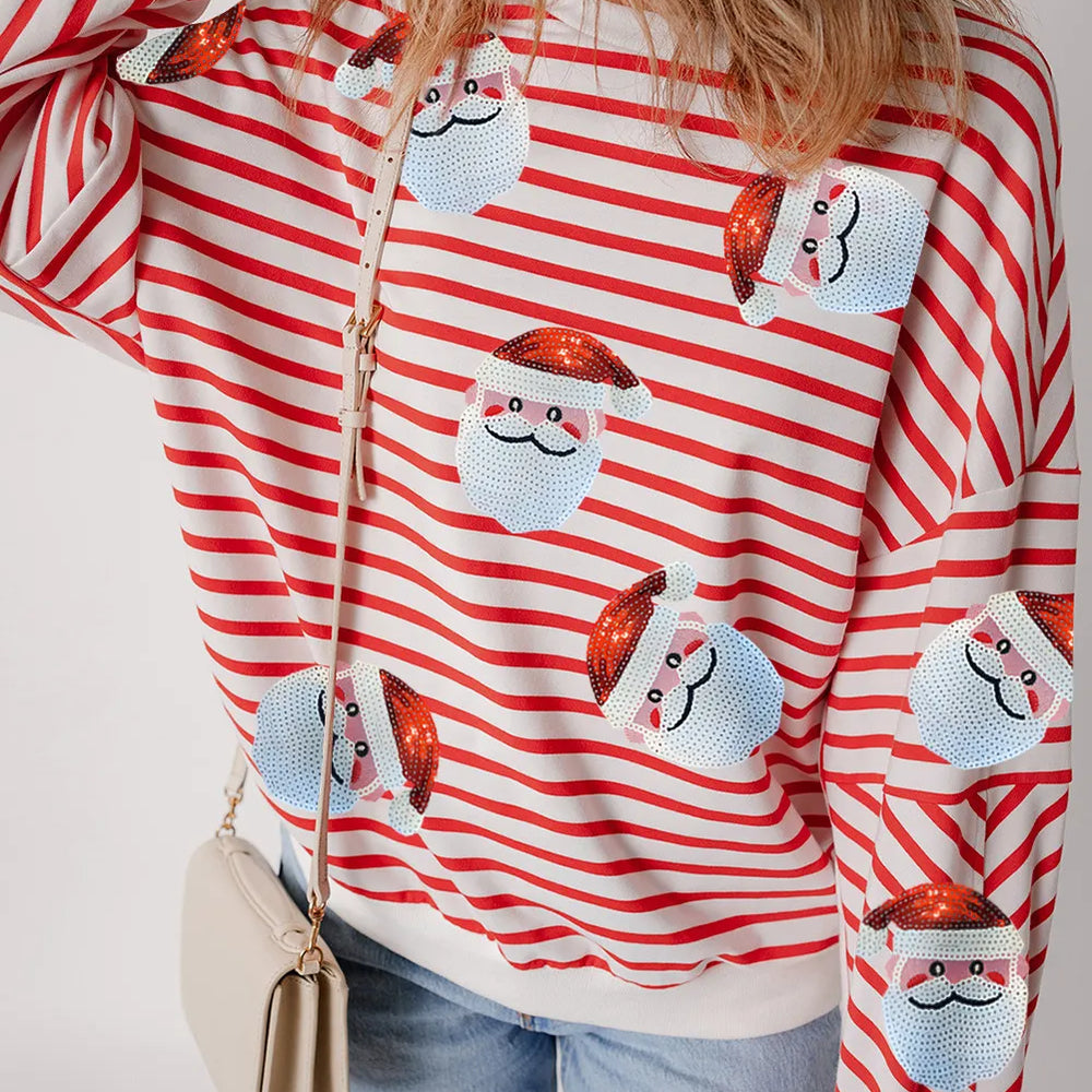 Sequin Santa Striped Round Neck Long Sleeve Sweatshirt