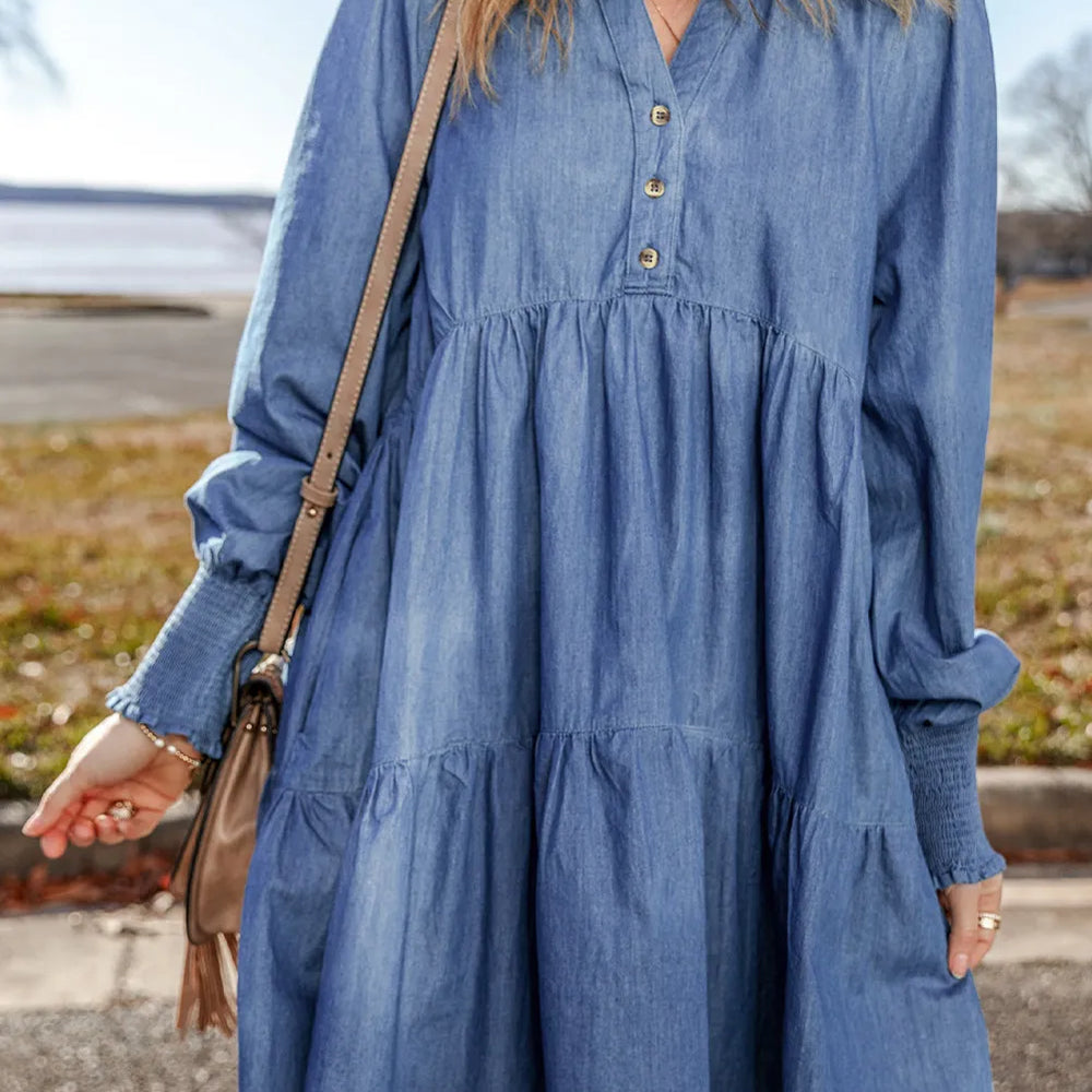 Tiered Johnny Collar Long Sleeve Denim Dress