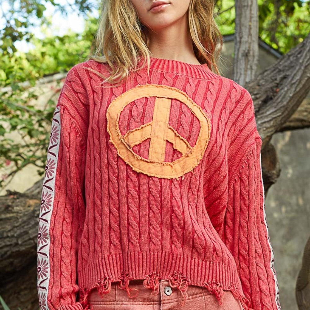 Washed Peace Patch Cable Knit Sweater