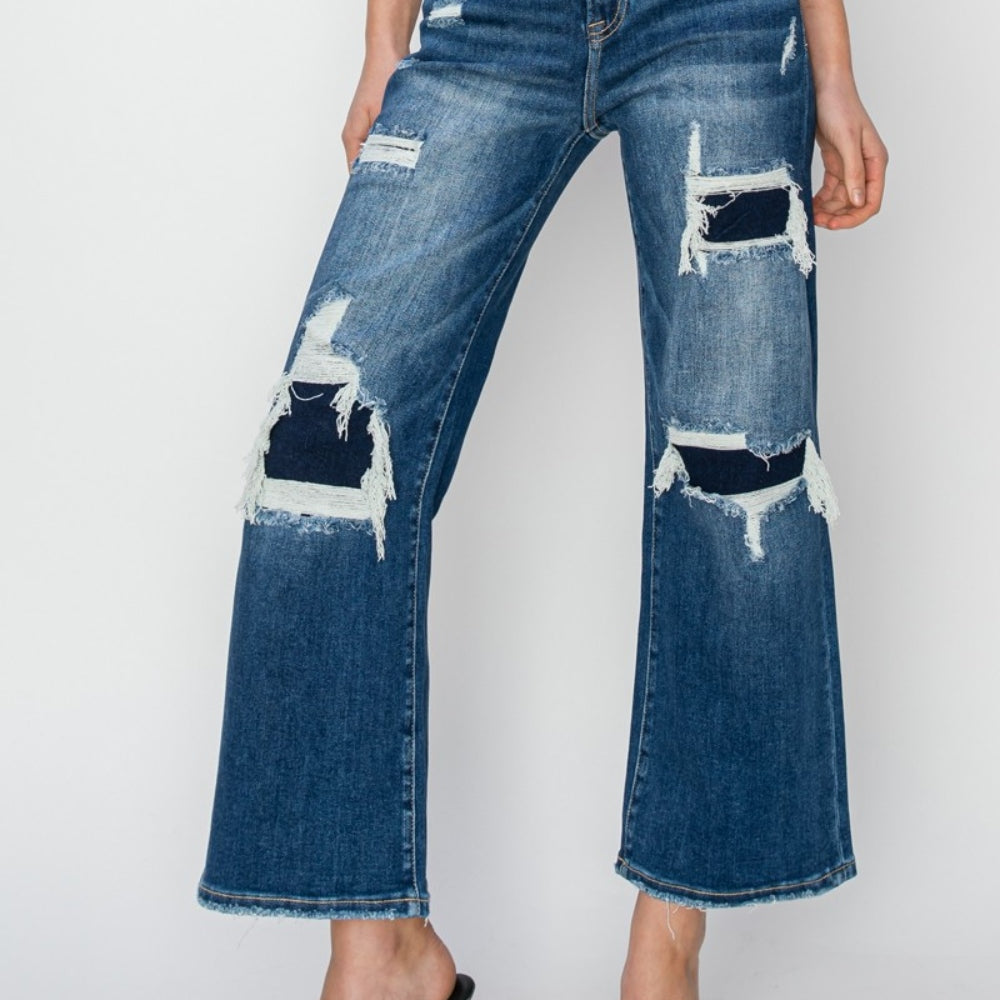 
                      
                        Risen Full Size High Rise Patch Detailed Wide Leg Crop Jeans
                      
                    