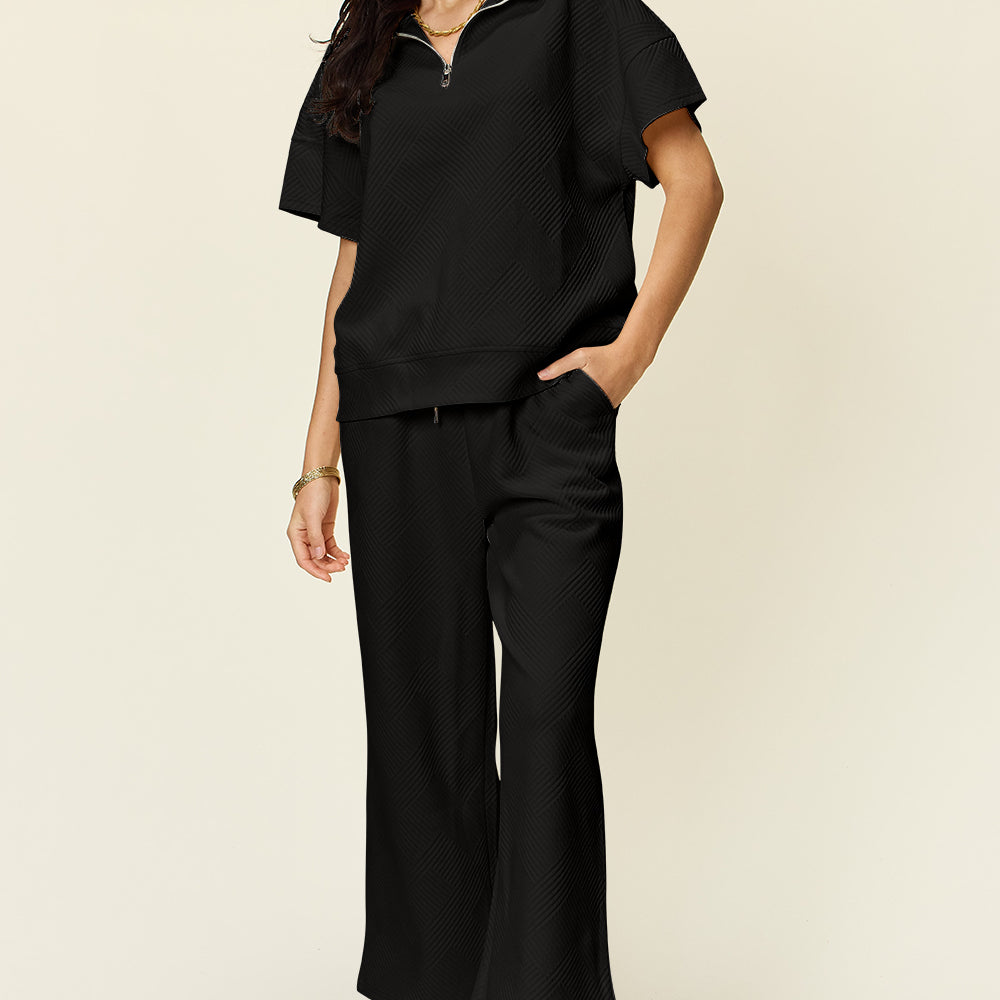 
                      
                        Texture Half Zip Short Sleeve Top and Pants Set
                      
                    