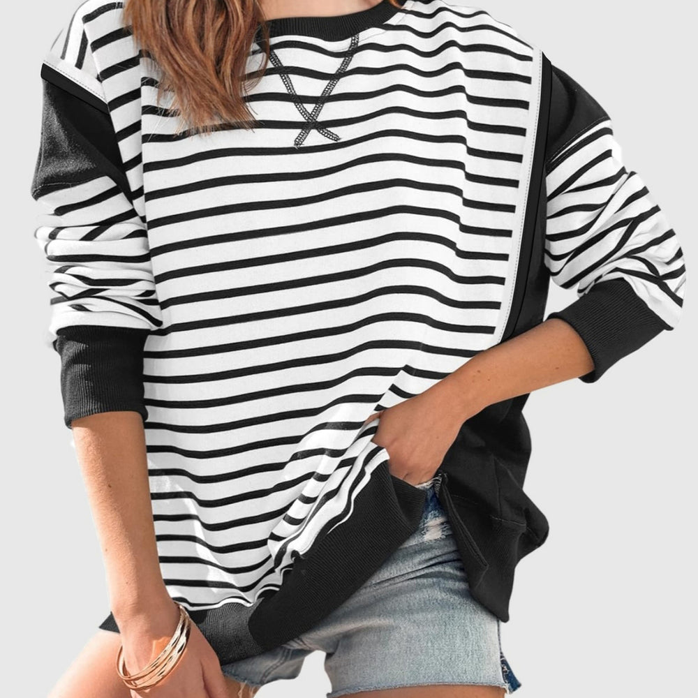 
                      
                        Slit Exposed Seam Striped Long Sleeve Sweatshirt
                      
                    