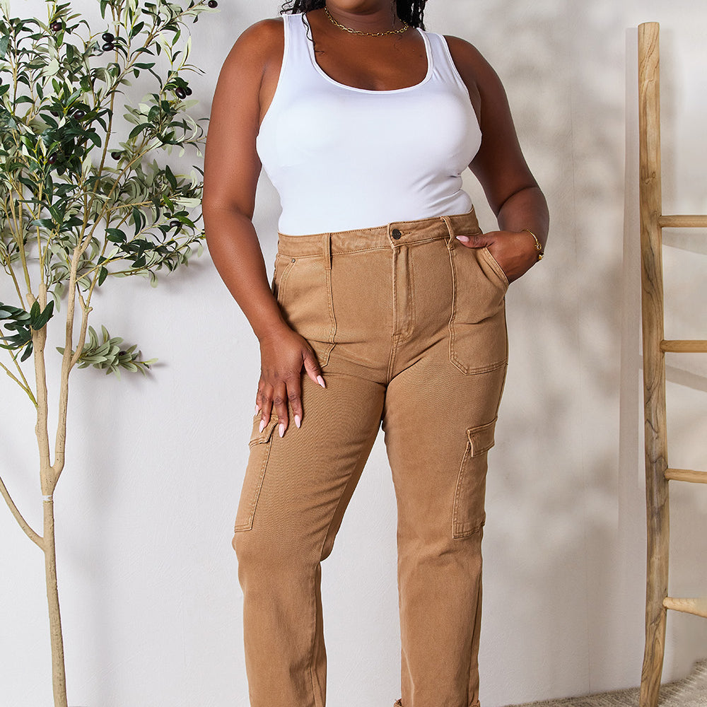 
                      
                        Risen High Waist Straight Jeans with Pockets
                      
                    