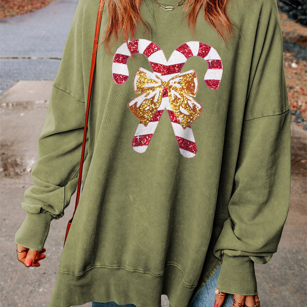 Sequin Candy Cane Round Neck Slit Sweatshirt