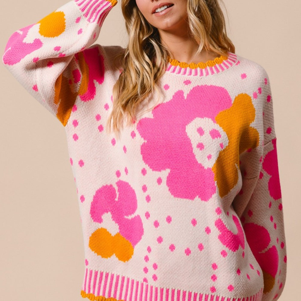 Flower Pattern Contrast Sweater