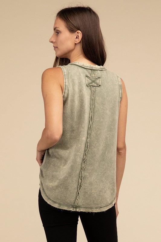 
                      
                        Washed Half-Button Raw Edge Sleeveless Henley Top
                      
                    