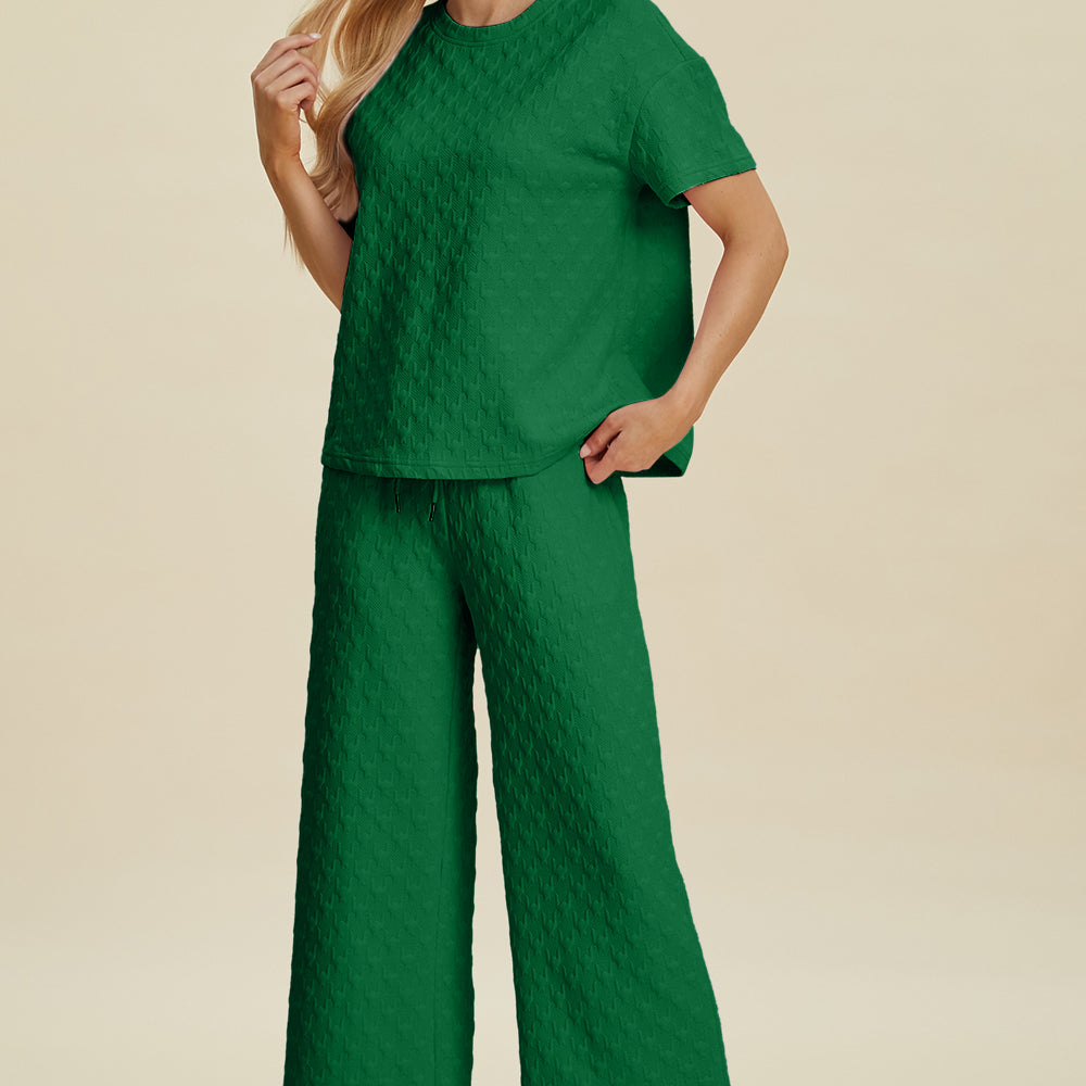 Texture Round Neck Short Sleeve Top and Pants Set