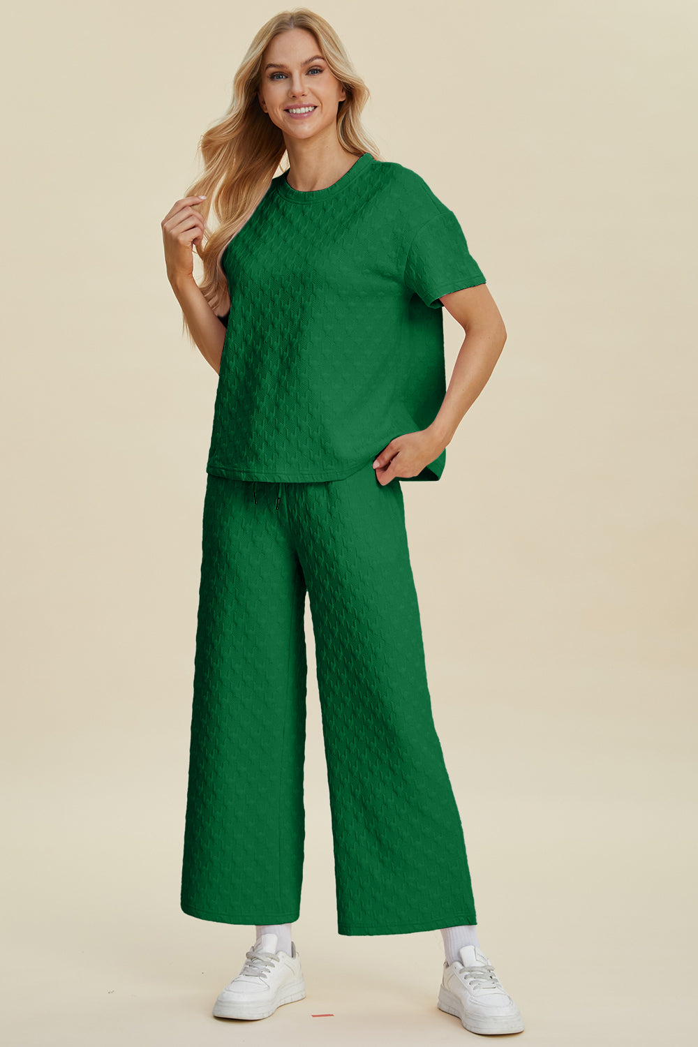 Texture Round Neck Short Sleeve Top and Pants Set