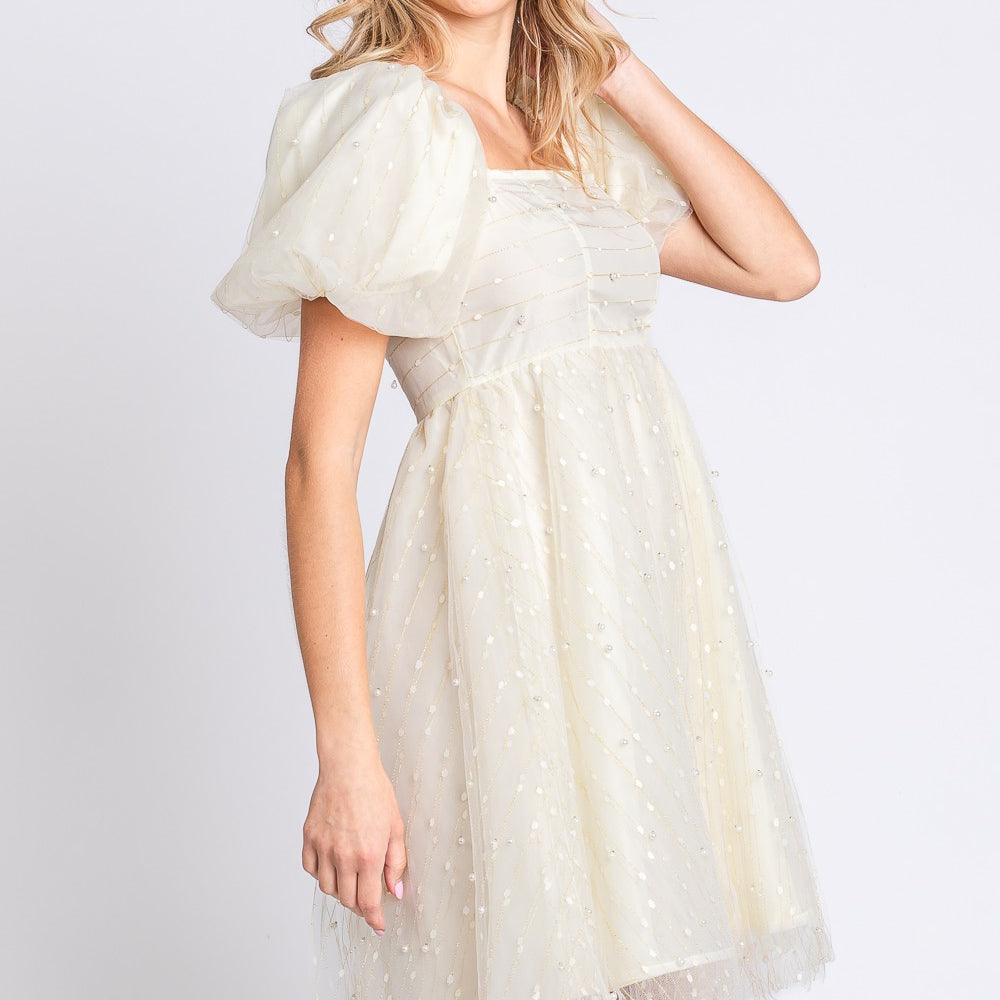 
                      
                        Pearl Mesh Puff Sleeve Babydoll Dress
                      
                    