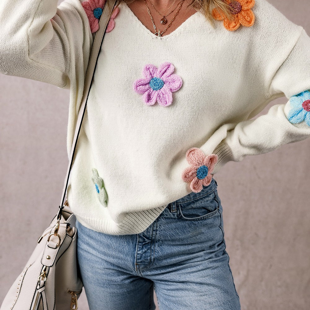 
                      
                        Crochet Flower V-Neck Long Sleeve Sweater
                      
                    