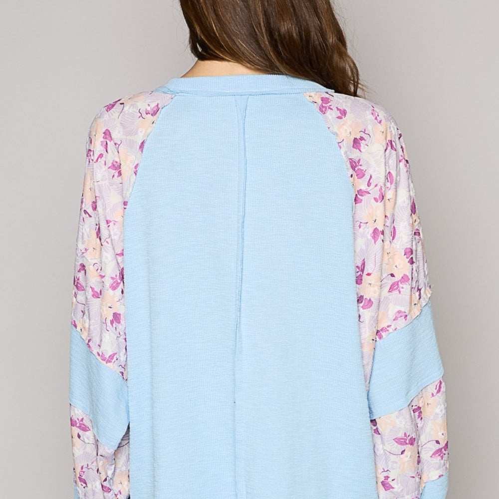 Round Neck Balloon Floral Long Sleeve Top