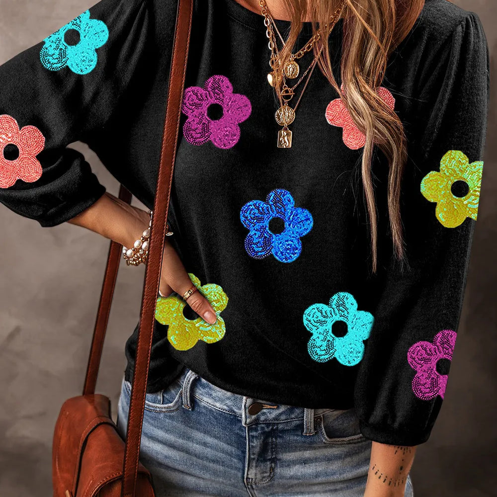 
                      
                        Sequin Flower Round Neck Blouse
                      
                    