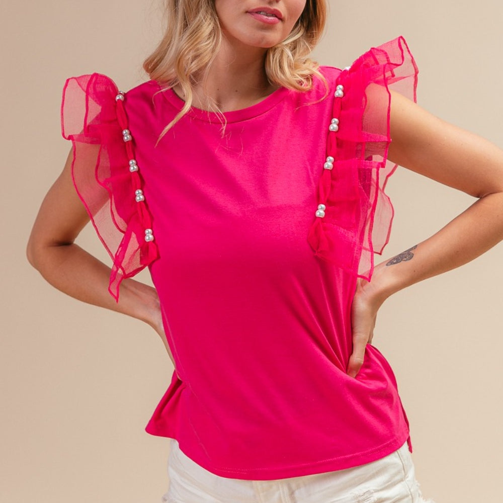 Pearl Decor Mesh Ruffle Sleeve Top