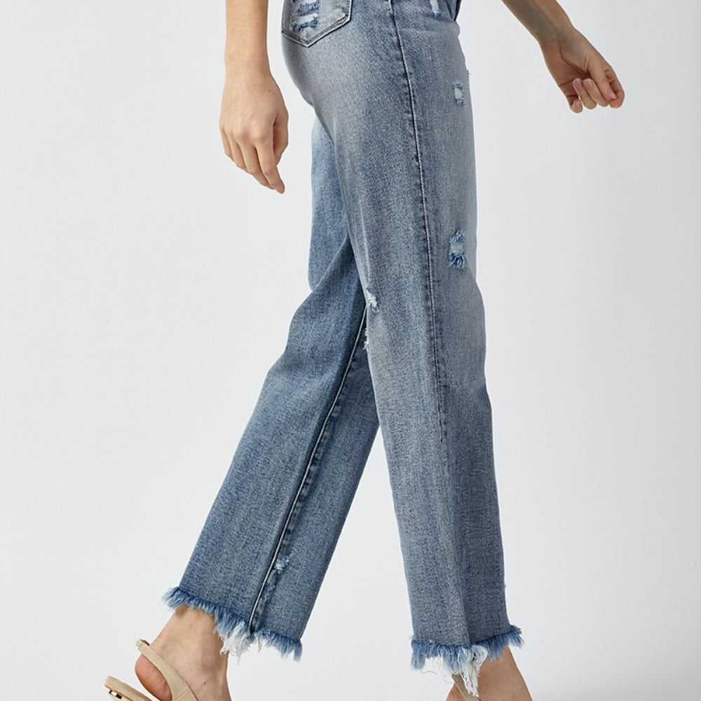 
                      
                        RISEN High Waist Raw Hem Straight Jeans
                      
                    