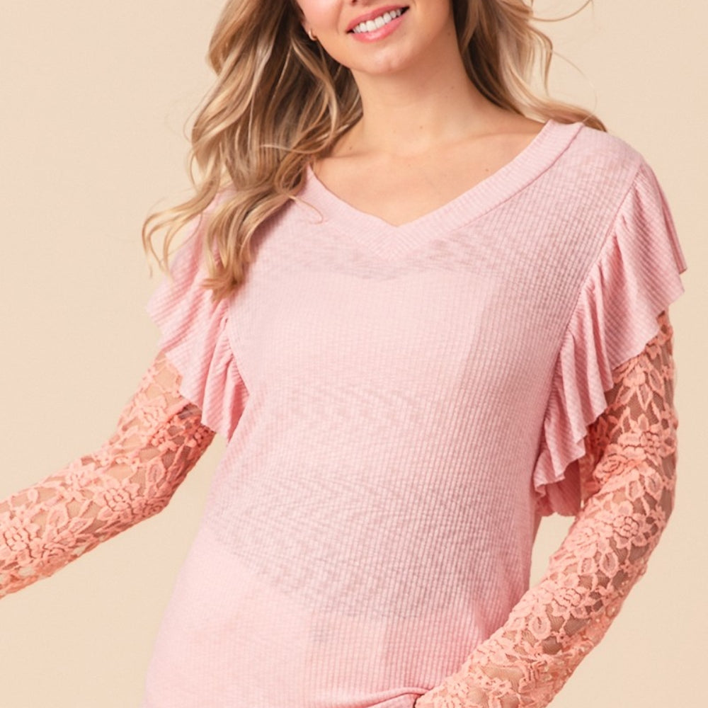 
                      
                        Ruffled Lace Sleeve Rib Knit Top
                      
                    