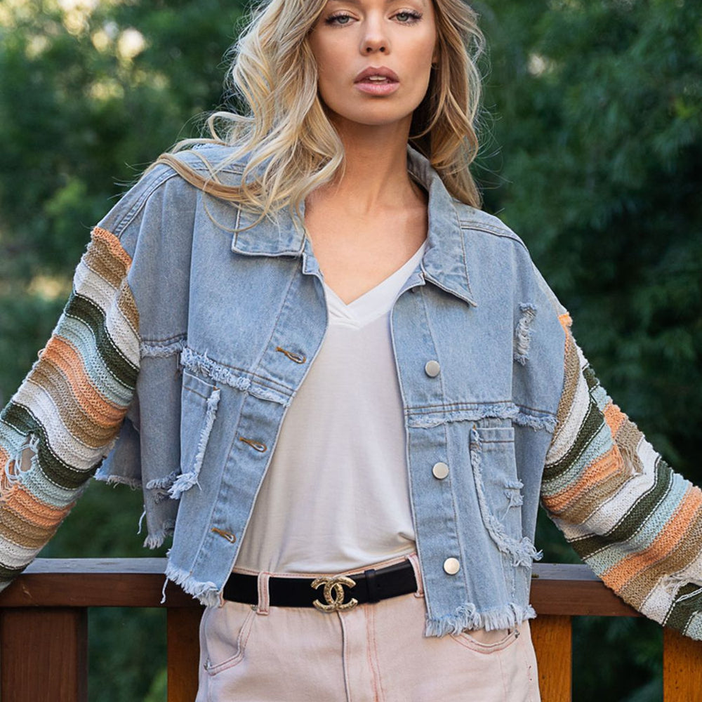 
                      
                        Distressed Striped Long Sleeve Denim Jacket
                      
                    