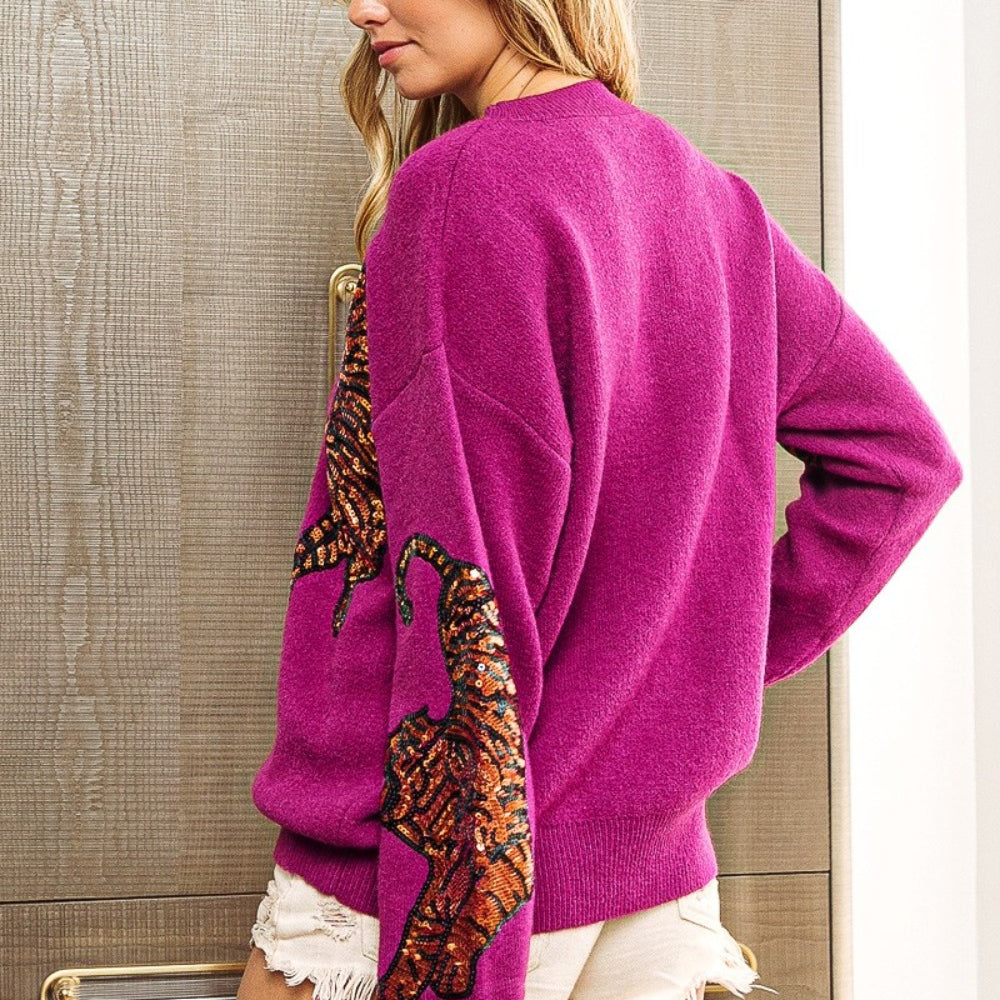 Sequin Tiger Embroidery Sweater