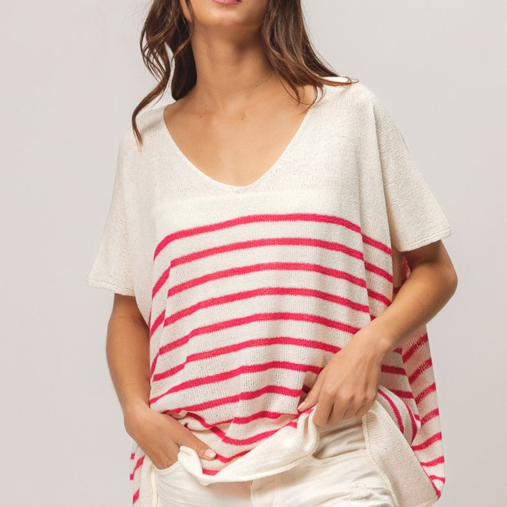 
                      
                        V Neck Striped Short Sleeve Top
                      
                    