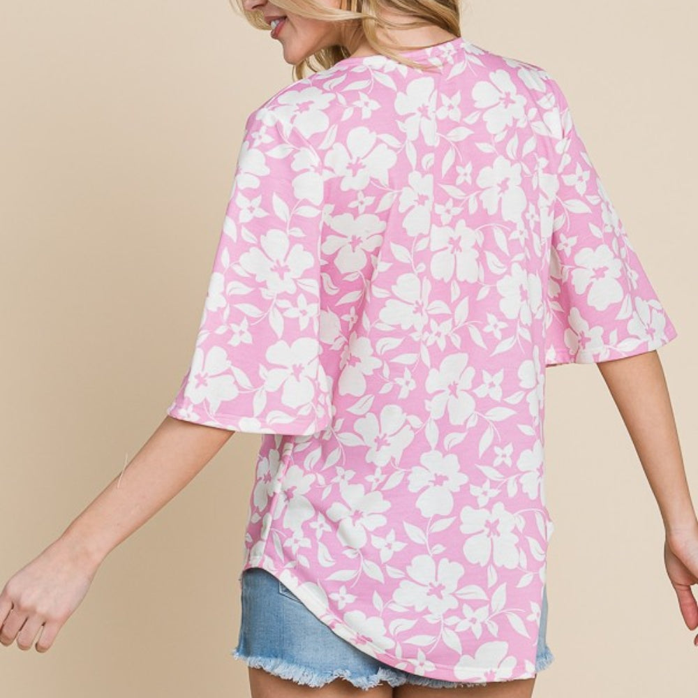 Floral Decorative Button V-Neck Top