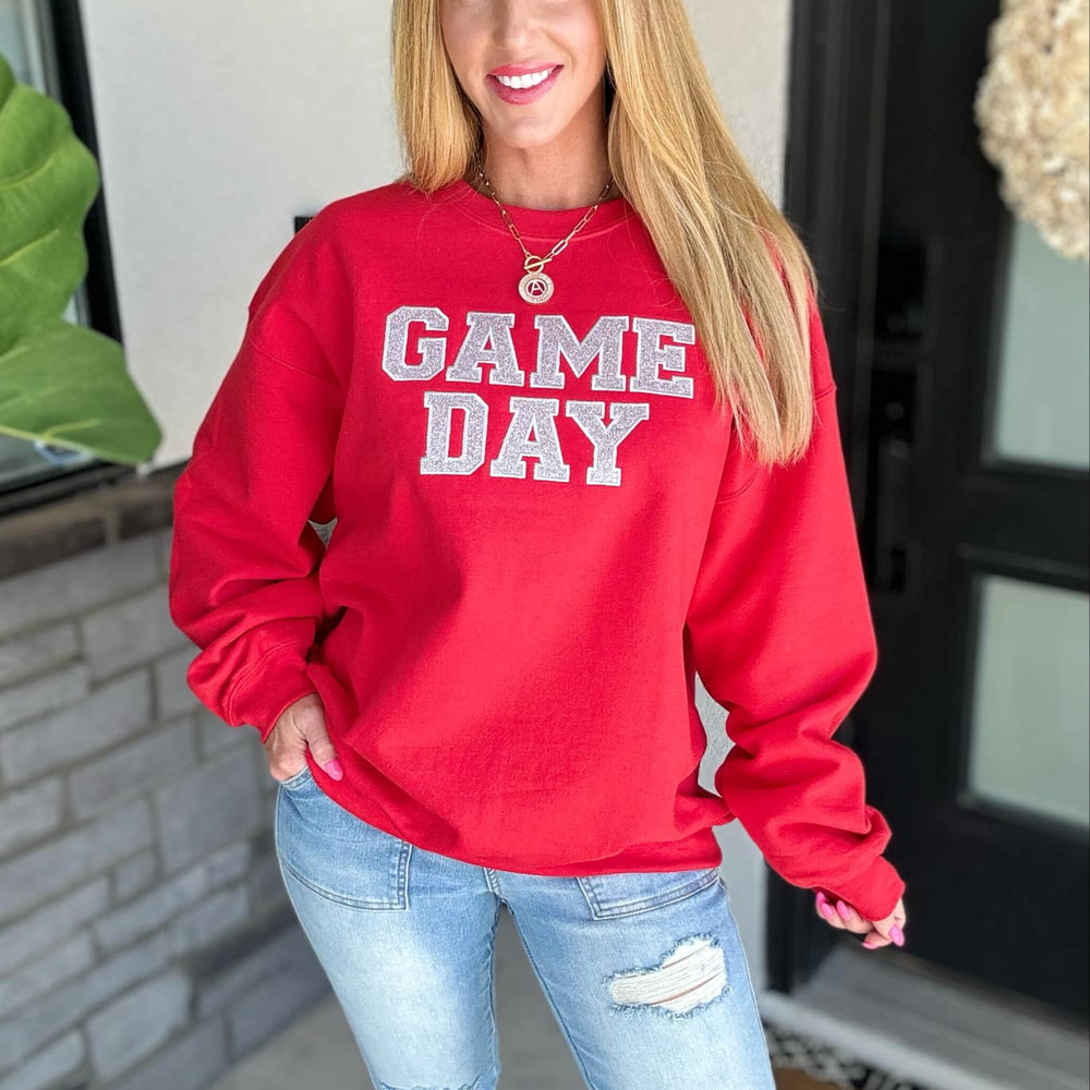 
                      
                        PREORDER: Embroidered Glitter Game Day Sweatshirt in Red/Silver
                      
                    