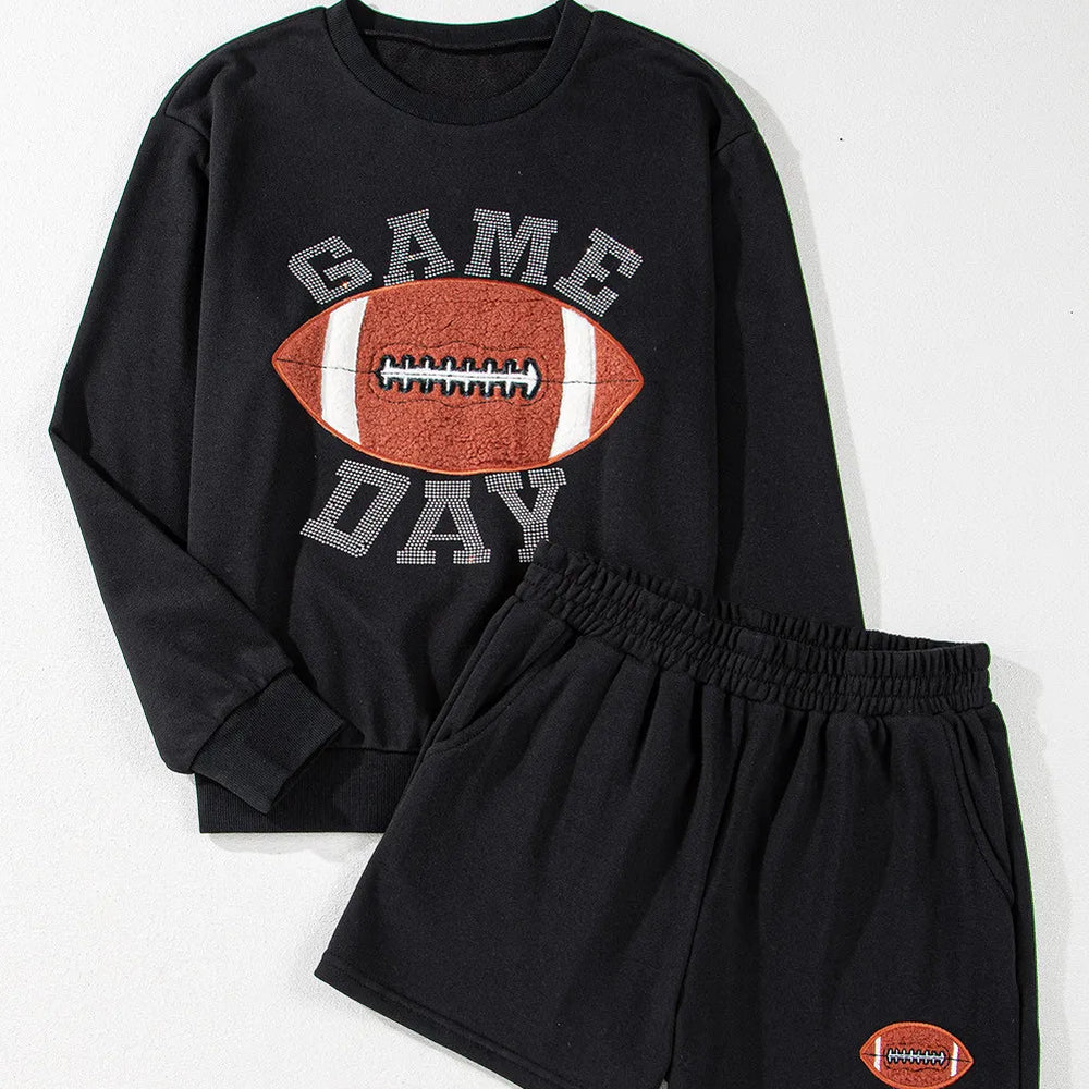 GAME DAY Football Round Neck Long Sleeve Top and Shorts Set