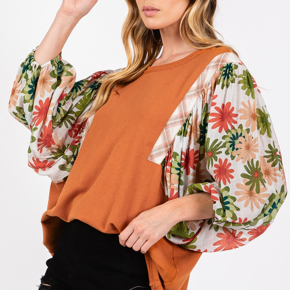 
                      
                        Printed Balloon Sleeve Contrast Top
                      
                    