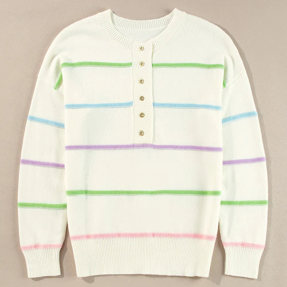 
                      
                        Contrast Striped Half Button Round Neck Sweater
                      
                    