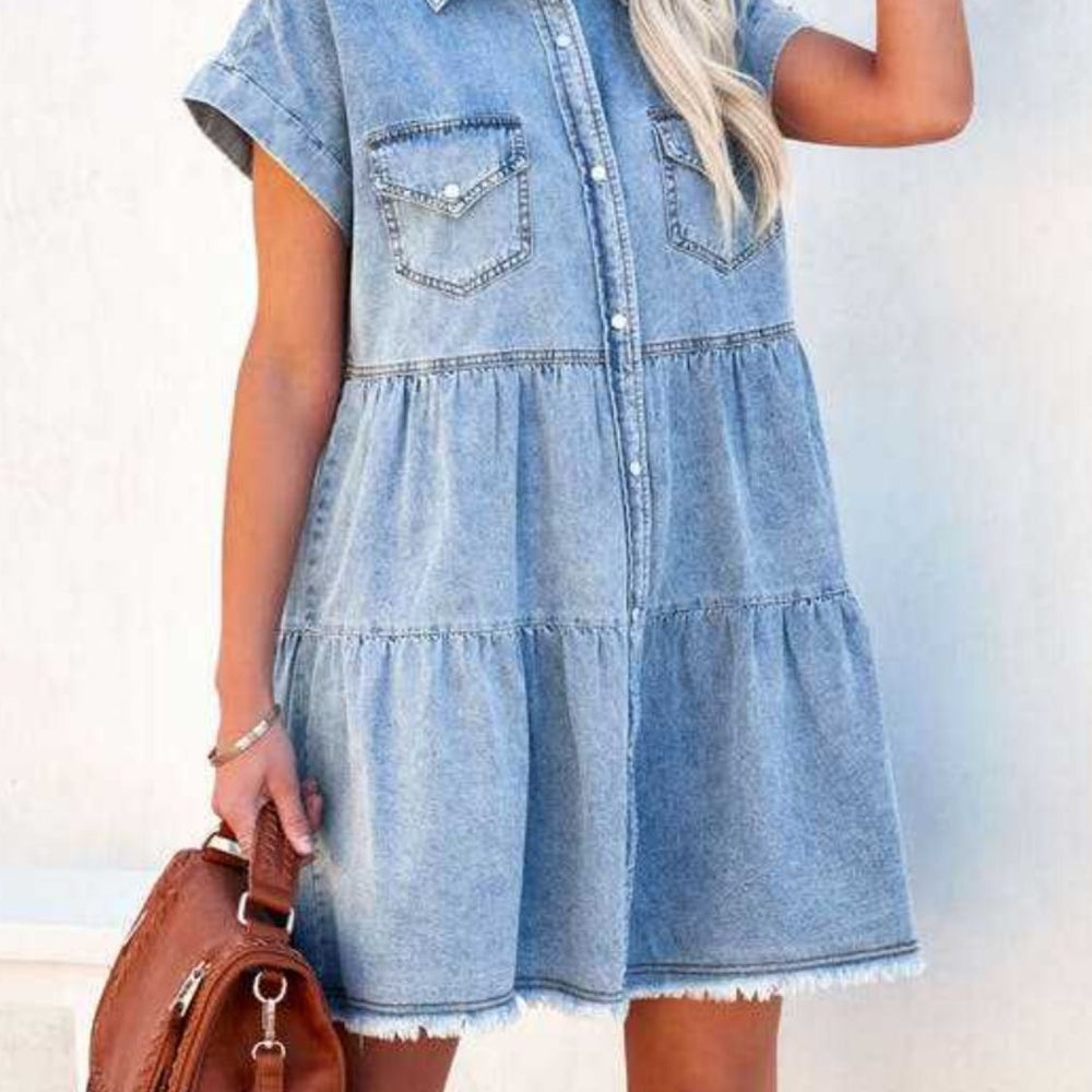 Raw Hem Short Sleeve Denim Dress