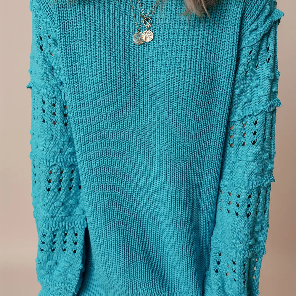 
                      
                        Openwork Frill Round Neck Long Sleeve Sweater
                      
                    