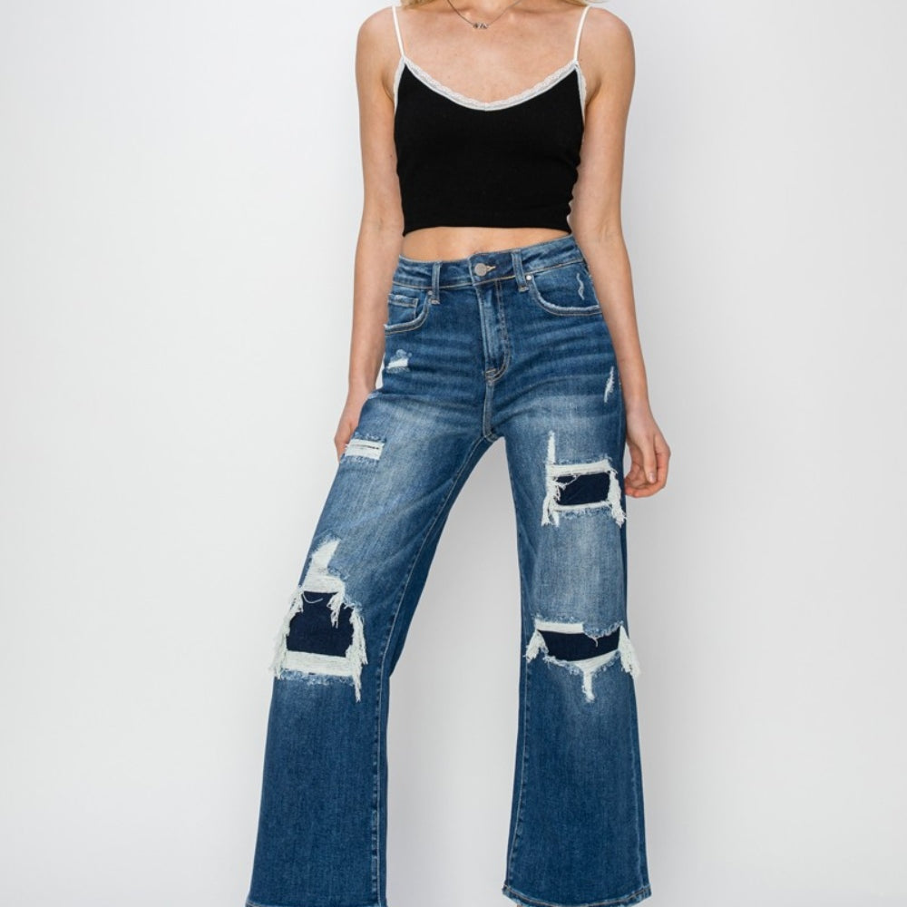 
                      
                        Risen Full Size High Rise Patch Detailed Wide Leg Crop Jeans
                      
                    