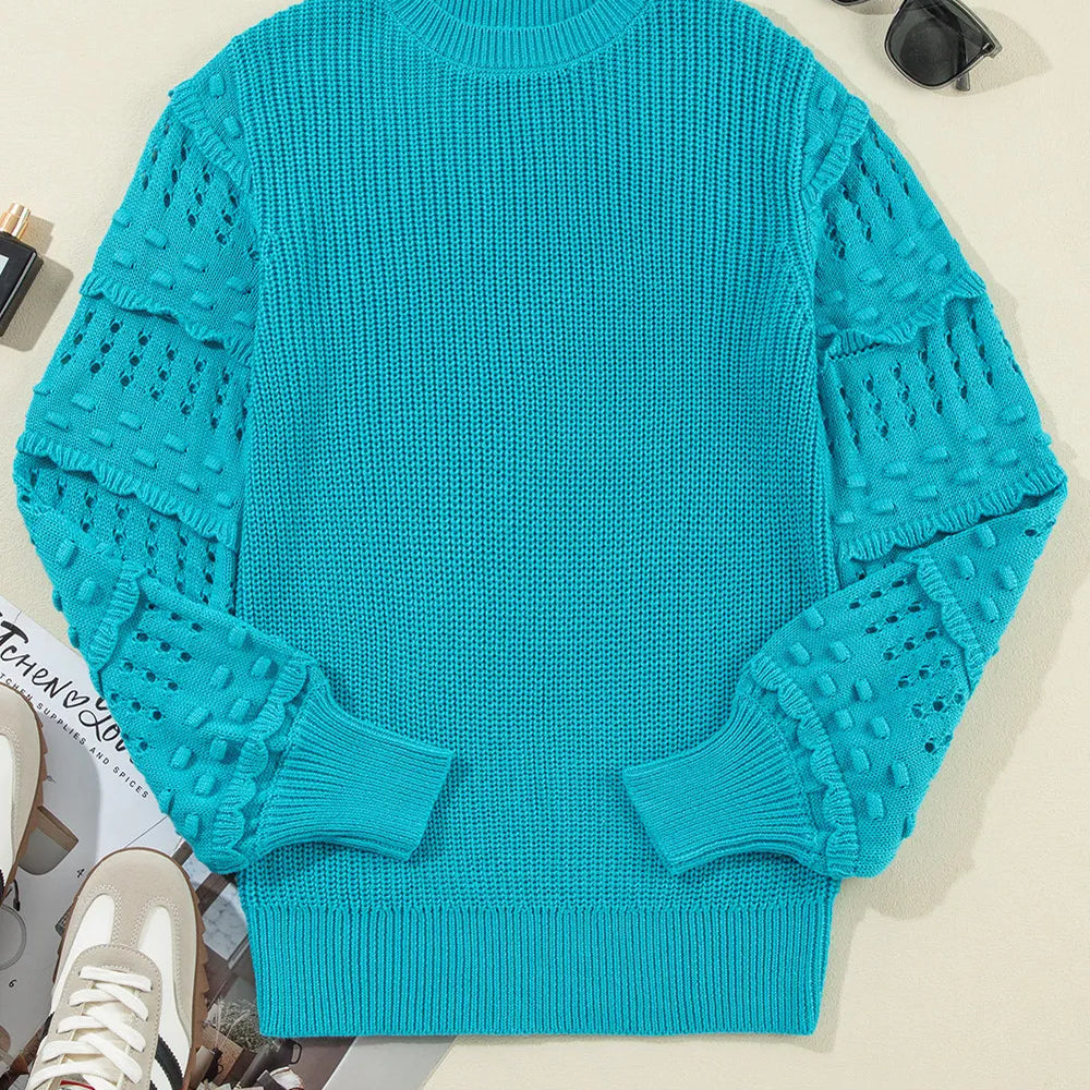 
                      
                        Openwork Frill Round Neck Long Sleeve Sweater
                      
                    