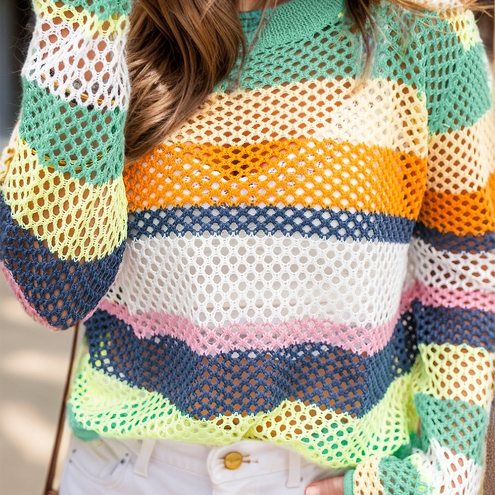 Openwork Color Block Round Neck Knit Top