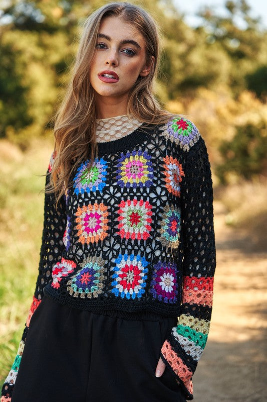 
                      
                        Floral Crochet Striped Sleeve Cropped Knit Sweater
                      
                    