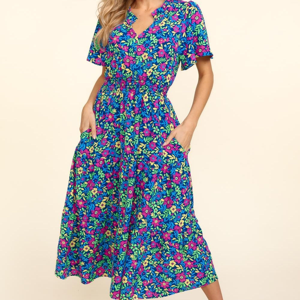 Printed Notched Short Sleeve Dress with Pockets