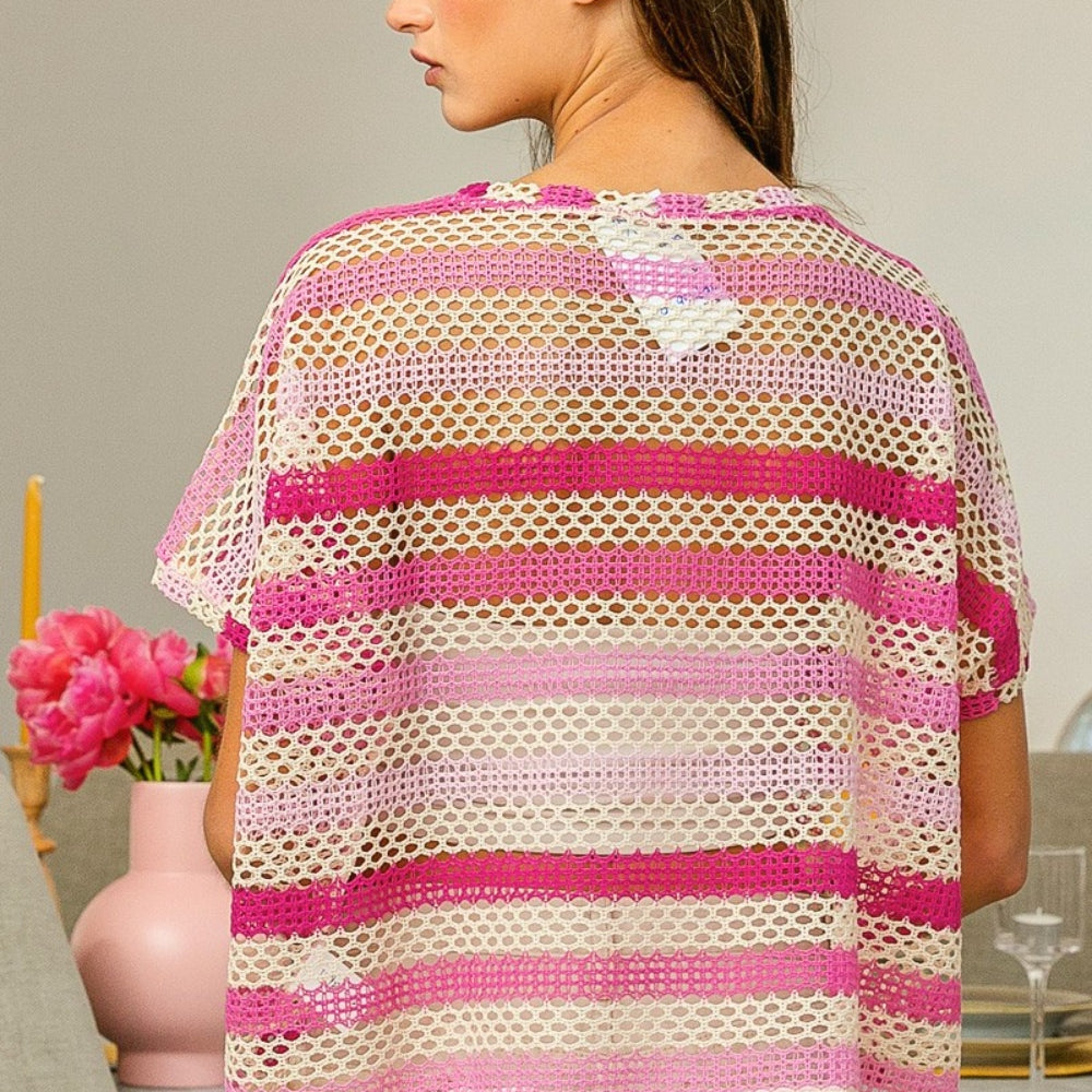 Striped Openwork Short Sleeve Knit Cover Up