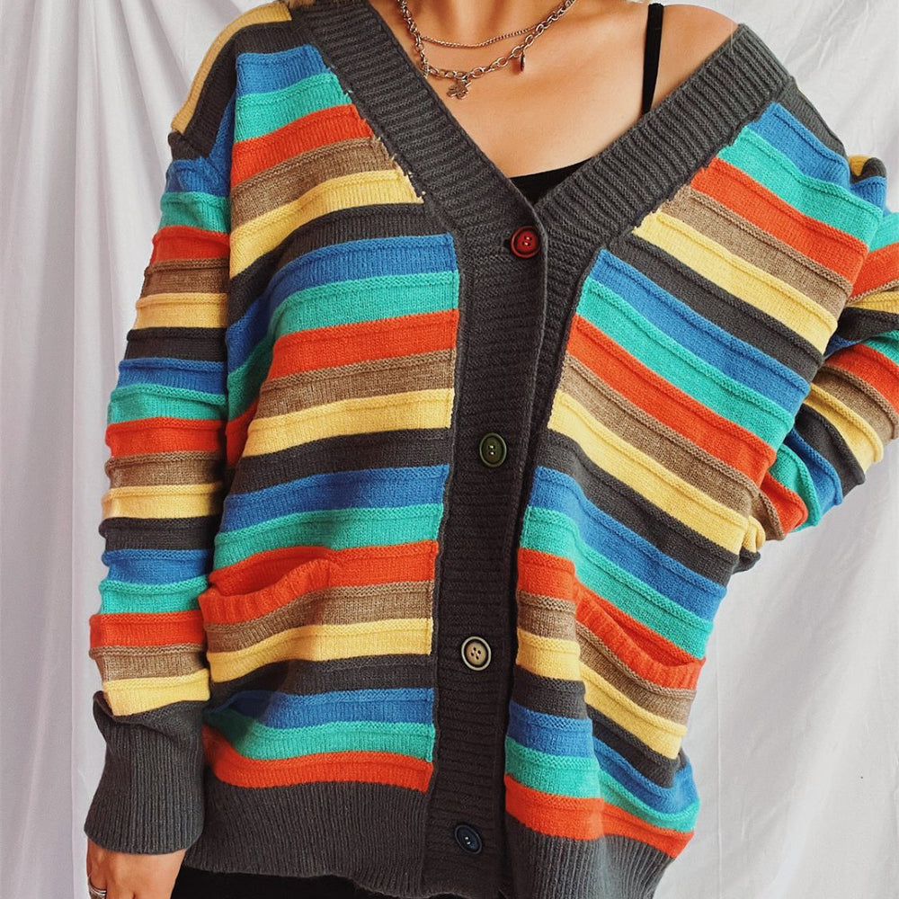 
                      
                        Contrast Stripes Button Up Long Sleeve Cardigan
                      
                    