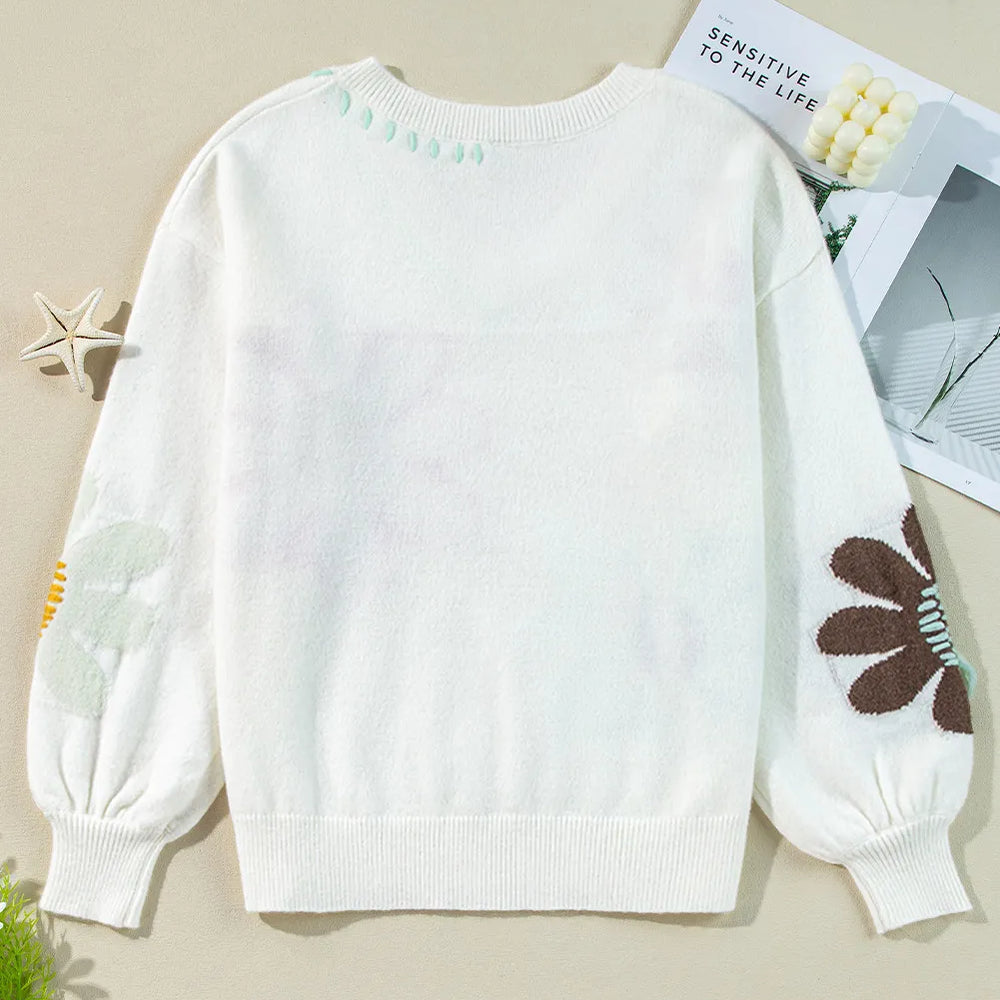 
                      
                        Flower V-Neck Dropped Shoulder Sweater
                      
                    