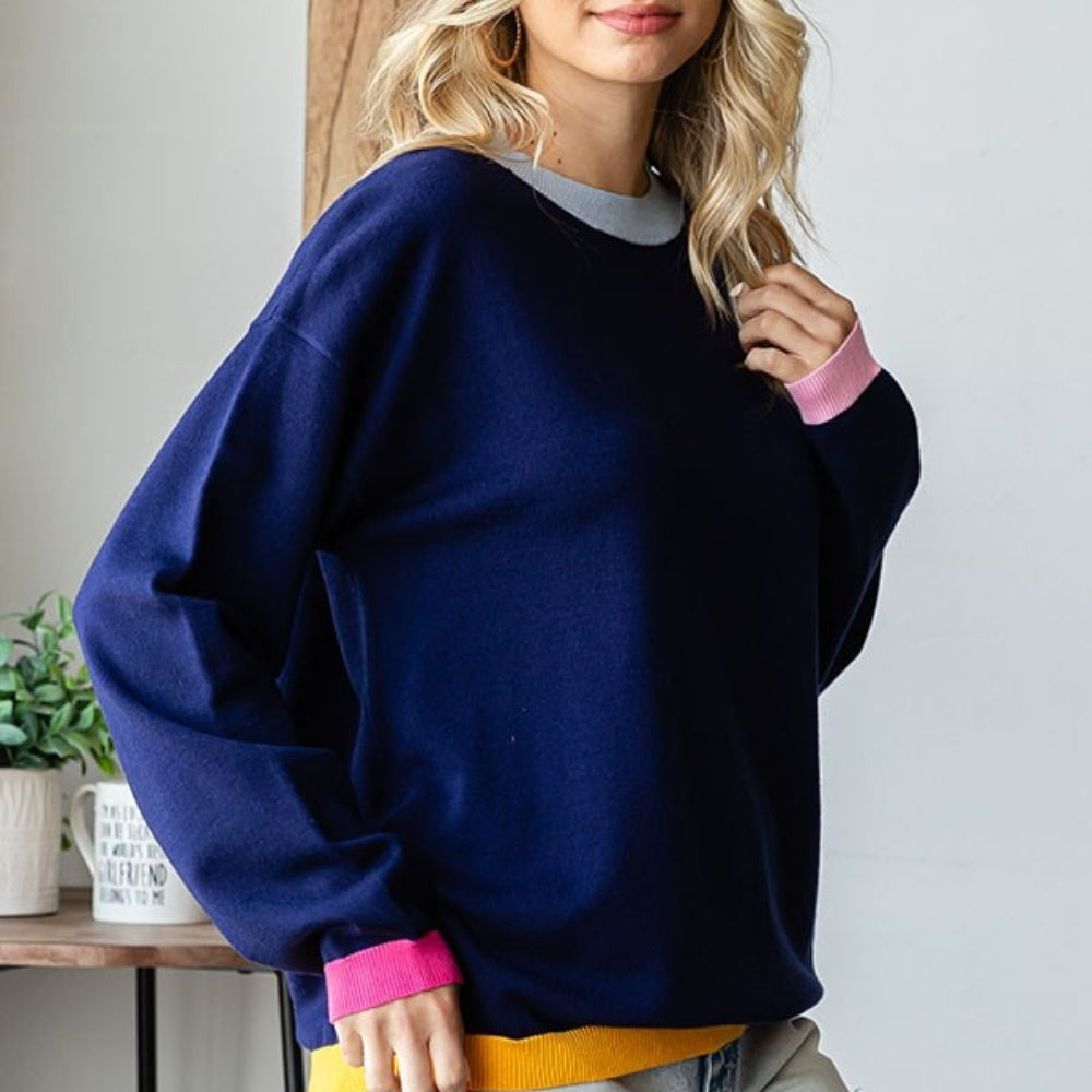 
                      
                        Contrast Ribbed Round Neck Long Sleeve Sweater
                      
                    