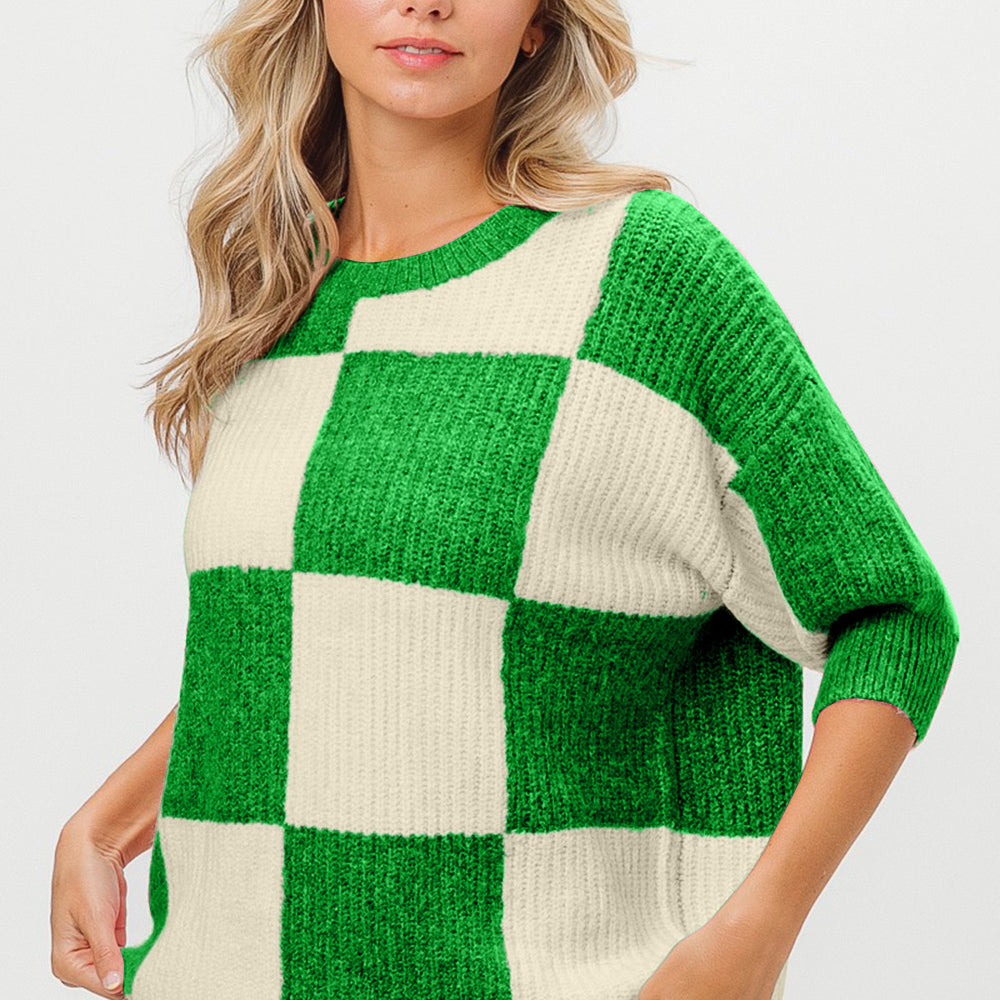 
                      
                        Checkered Contrast Round Neck Sweater
                      
                    