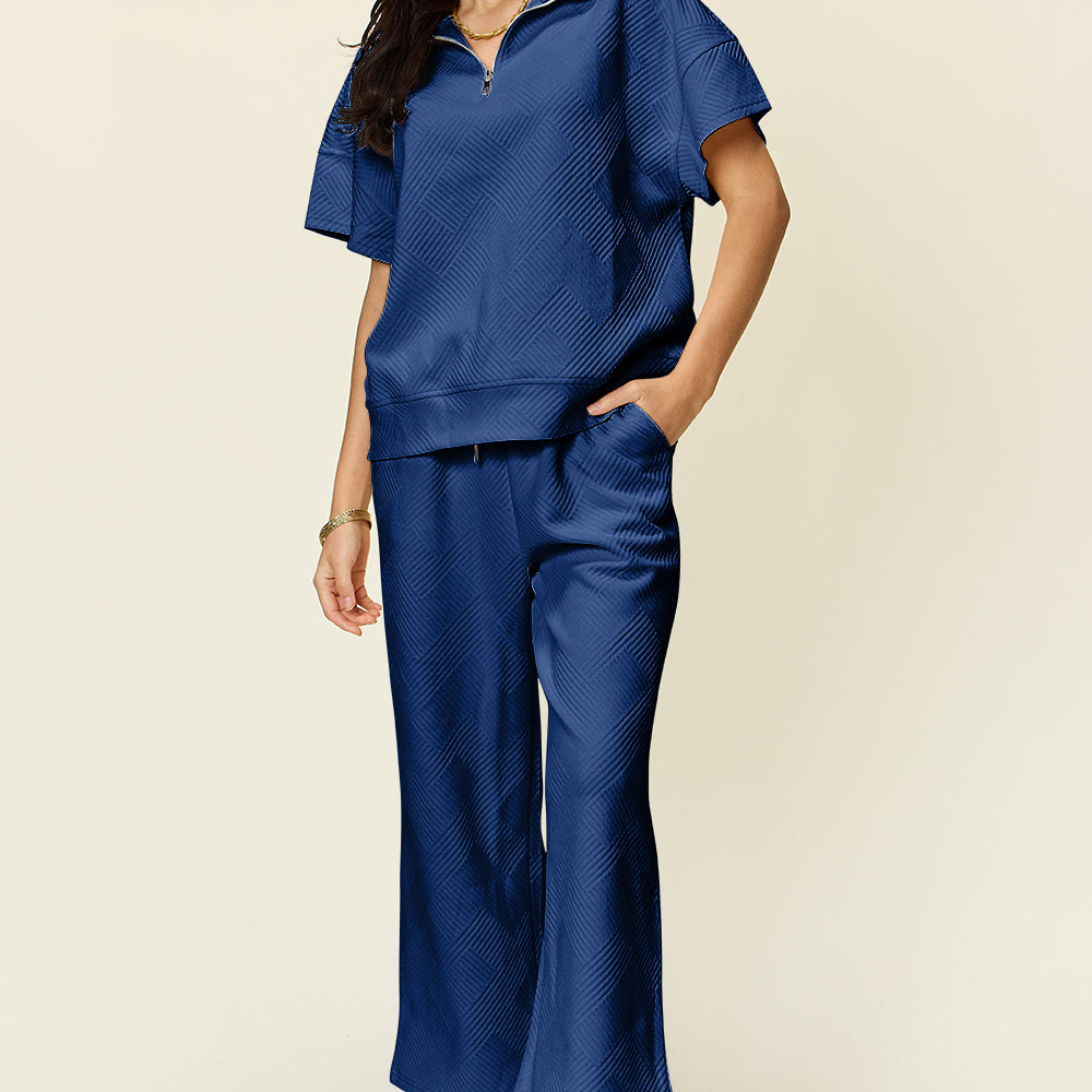 
                      
                        Texture Half Zip Short Sleeve Top and Pants Set
                      
                    