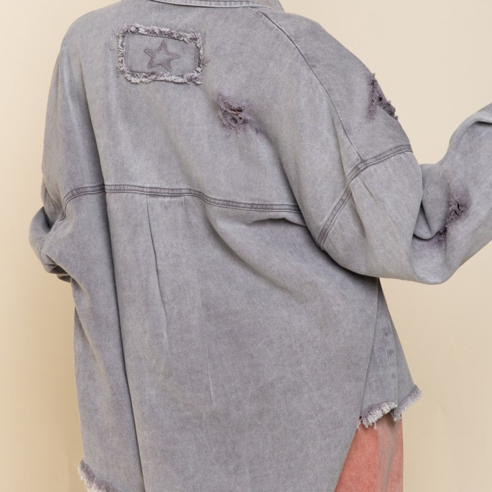 Button Down Raw Hem Distressed Shacket