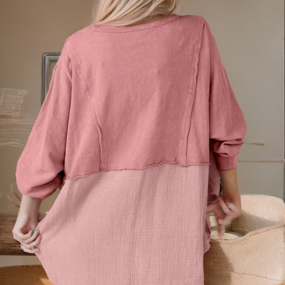 
                      
                        Contrast Texture Round Neck Long Sleeve Blouse
                      
                    