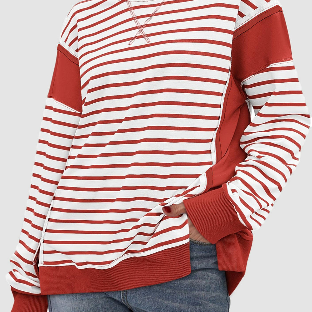 
                      
                        Slit Exposed Seam Striped Long Sleeve Sweatshirt
                      
                    