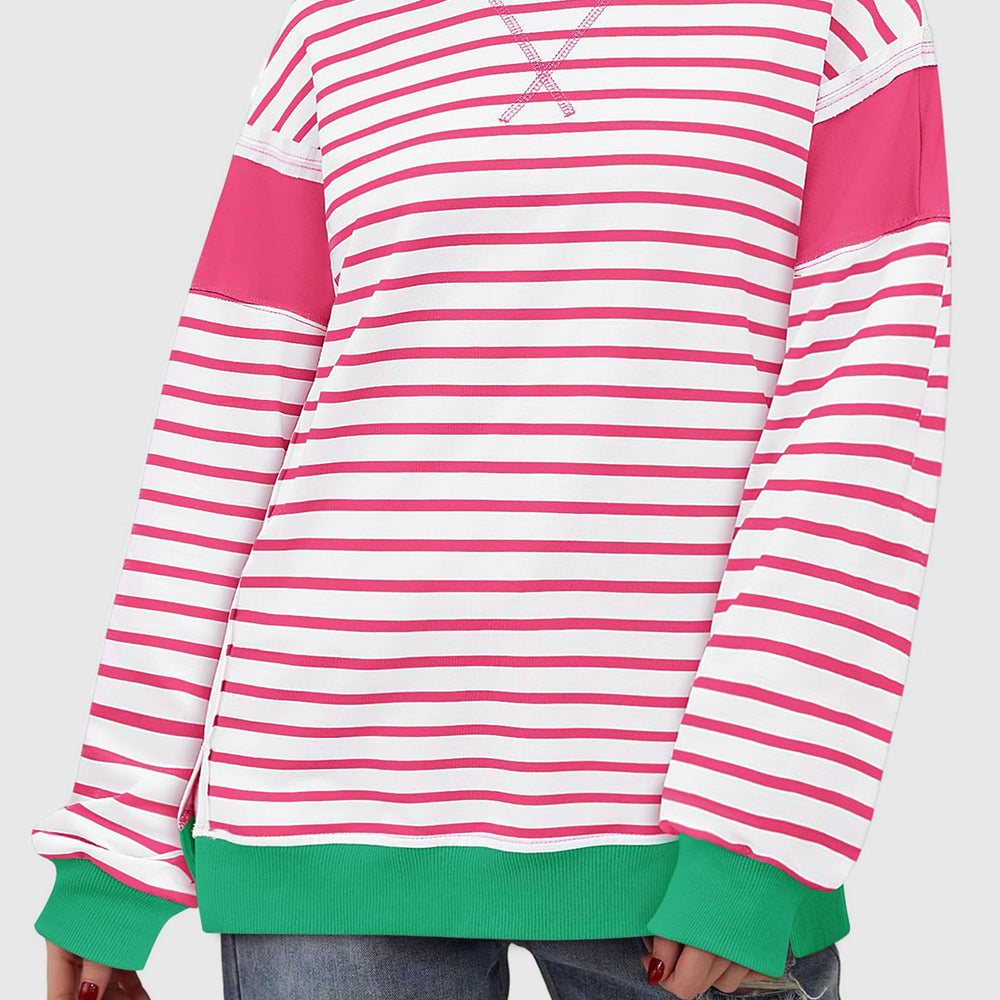 
                      
                        Slit Exposed Seam Striped Long Sleeve Sweatshirt
                      
                    