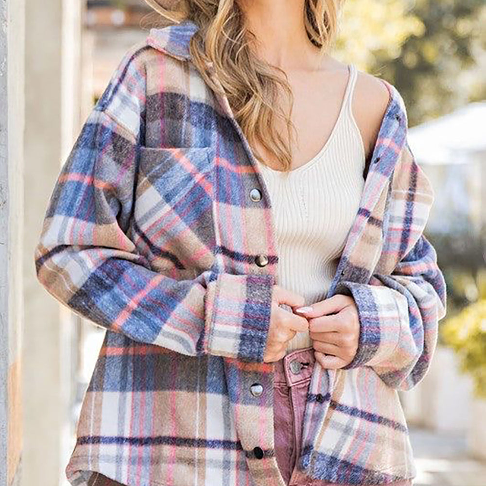 
                      
                        Snap Up Plaid Collared Neck Jacket with Pocket
                      
                    