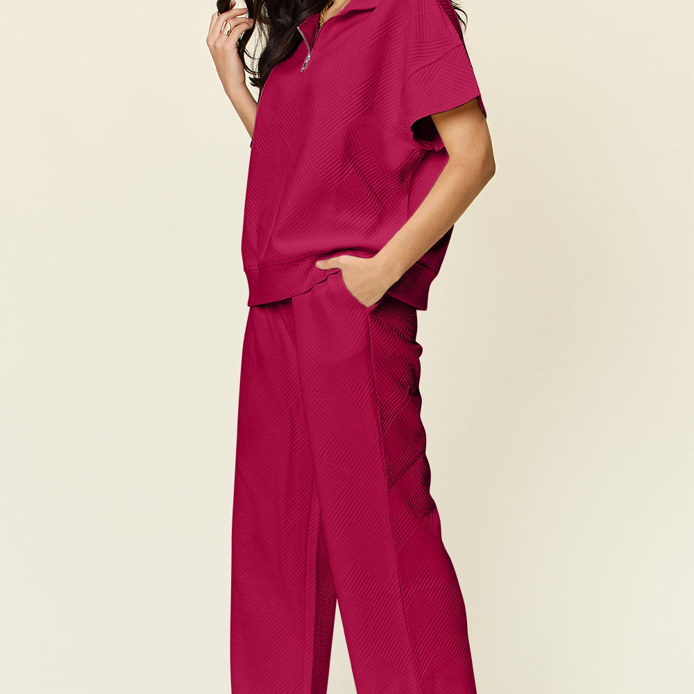 
                      
                        Texture Half Zip Short Sleeve Top and Pants Set
                      
                    