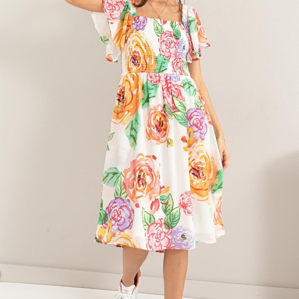 Floral Flutter Sleeve Smocked Dress