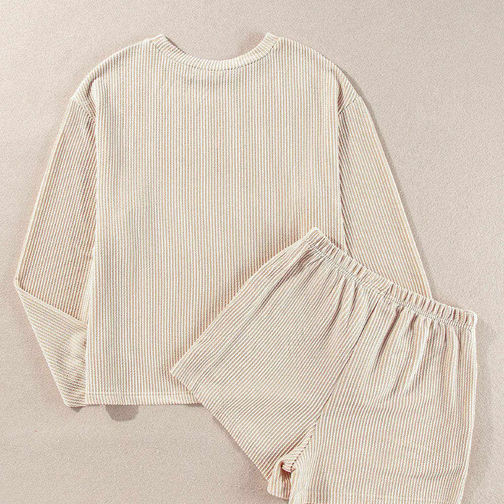 
                      
                        Round Neck Long Sleeve Top and Shorts Set
                      
                    