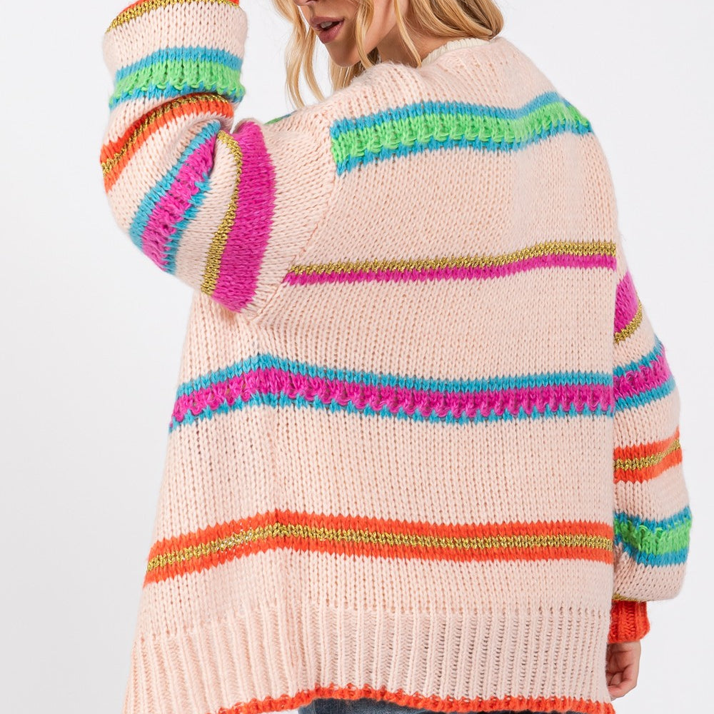 Rainbow Striped Open Front Knit Cardigan